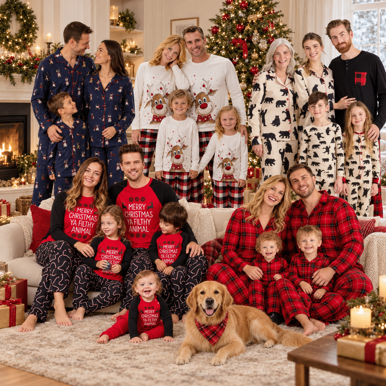 Large family in Christmas-themed pajamas gathered in festive living room with decorated tree and fireplace