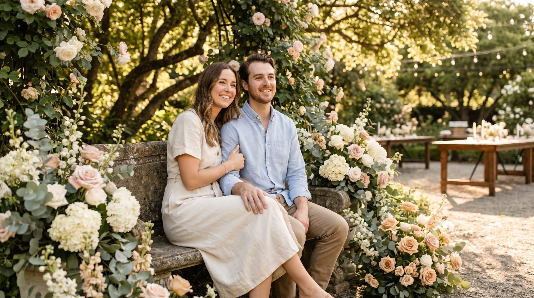 Couple sitting on stone bench surrounded by pink and white roses in sunlit garden setting