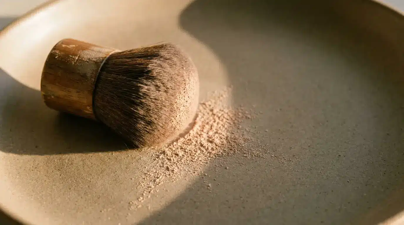 Makeup brush with loose powder on neutral-colored plate in warm lighting