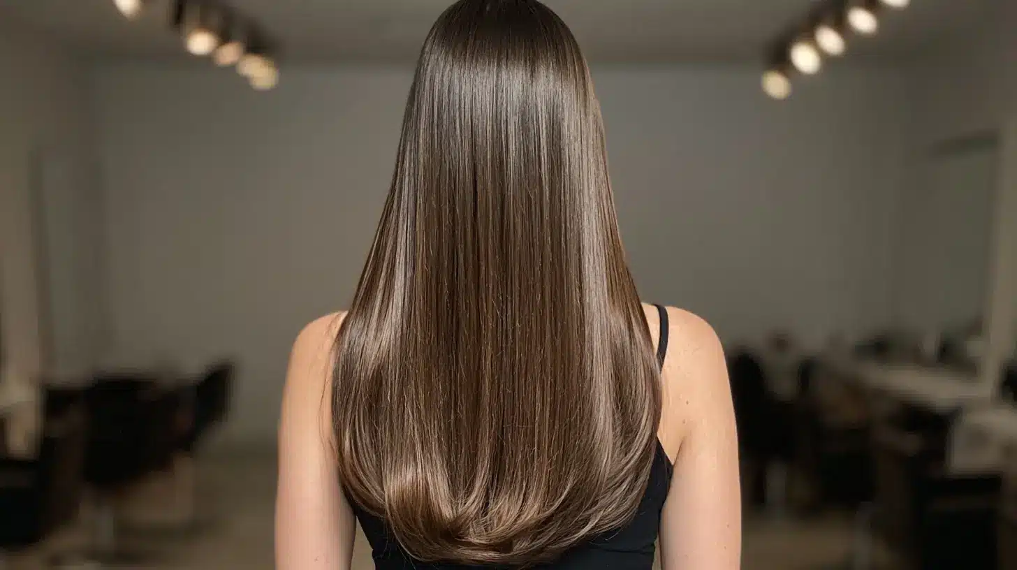 Back view of a person with long, silky, dark brown hair styled with softly curved, rounded ends.