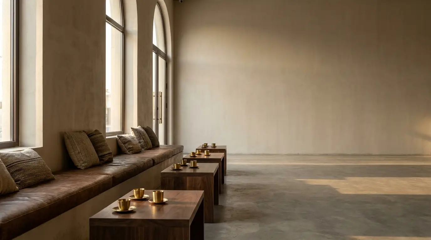 Warm minimalist interior with leather bench, wooden tables, and gold cups by large windows