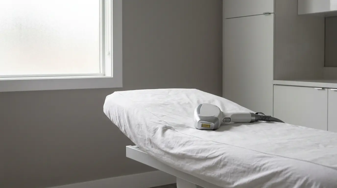 Laser hair removal device on a white treatment table in a minimalist medical office