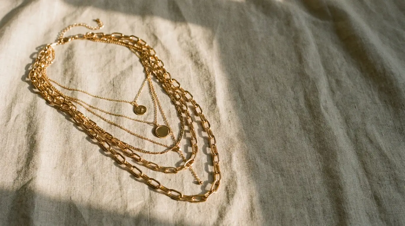 Gold layered necklaces with pendants on textured beige fabric under sunlight