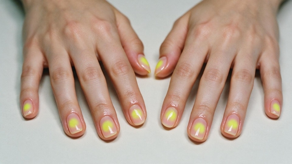 Neon yellow aura nails with soft glowing gradients and dreamy glossy manicure details