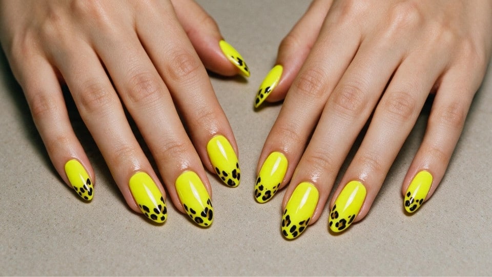 Neon yellow leopard tip nails with black animal print details and glossy manicure finish