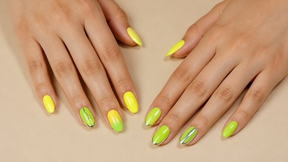Neon yellow and lime green nails with bright color combinations and glossy finish