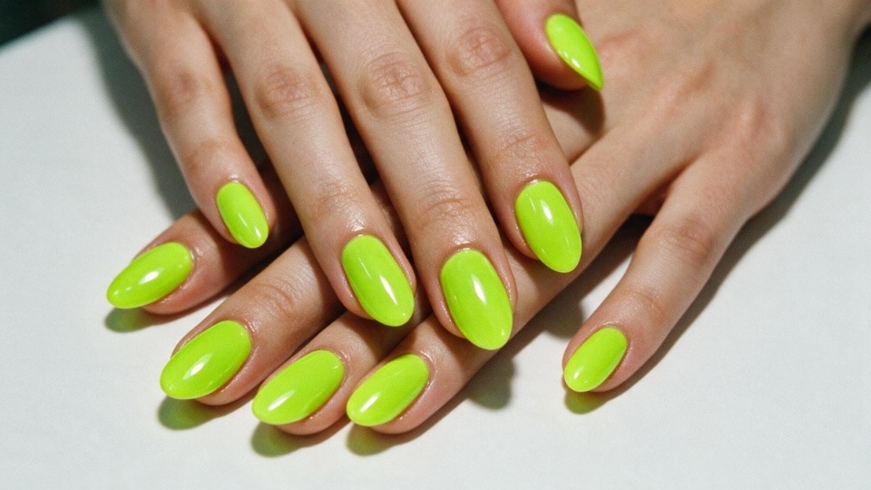 Close up hands with lime green nails showing a bold bright manicure with glossy details