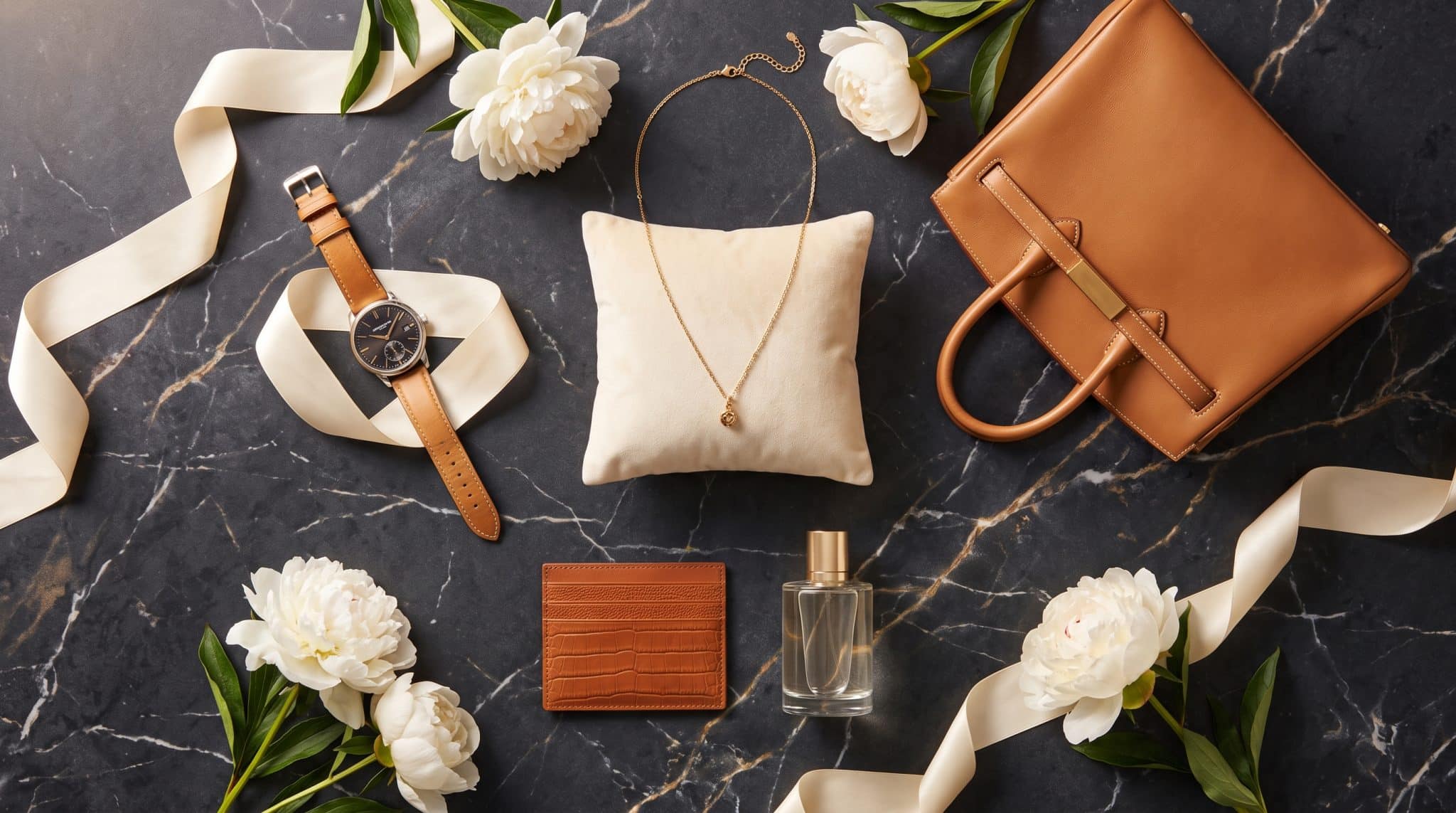 Tan leather accessories, gold necklace, and white flowers arranged on dark marble surface