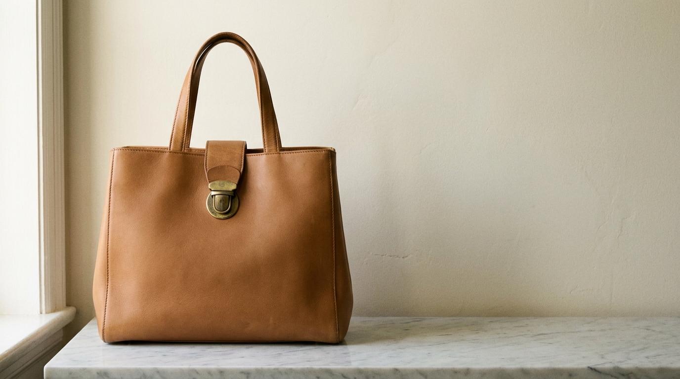 Tan leather handbag with brass clasp on marble surface in softly lit room