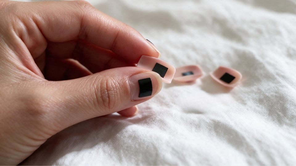 Magnetic press on manicure method shown with reusable nails and simple attachment design