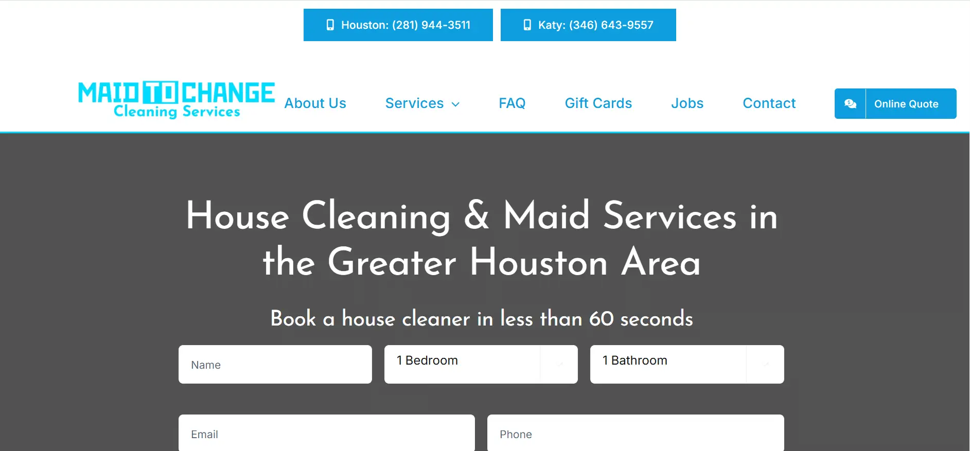 Website header for house cleaning services in Houston with contact forms and navigation links