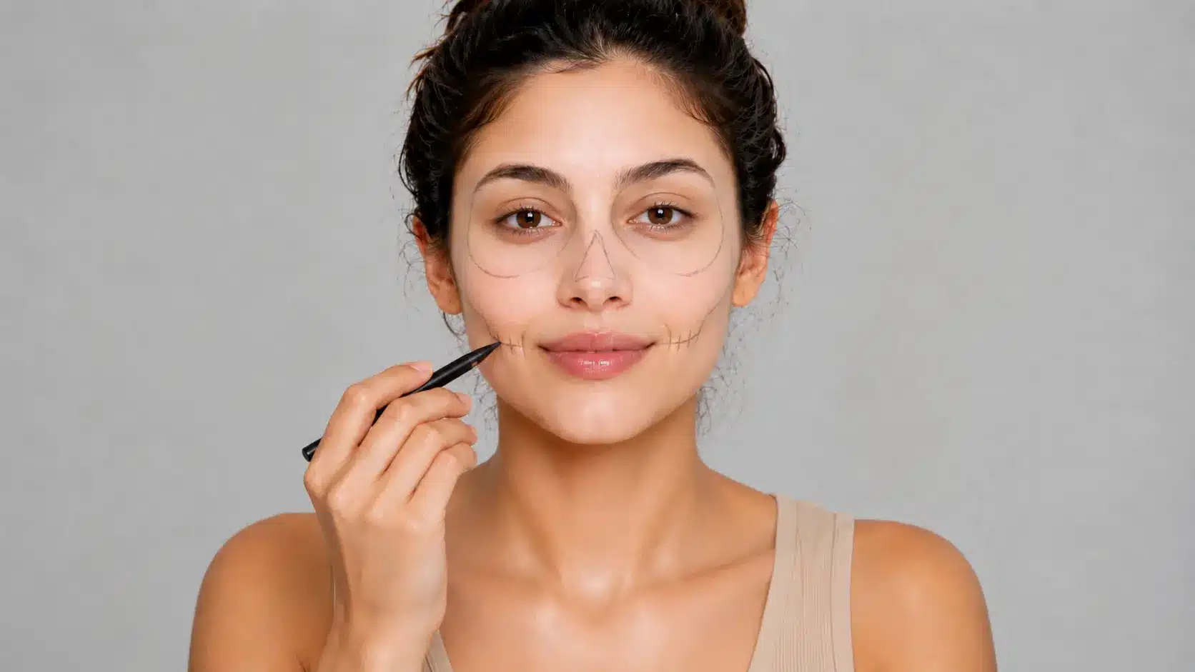 Woman mapping skeletal eye, nose, cheekbone, and mouth shapes on her face.