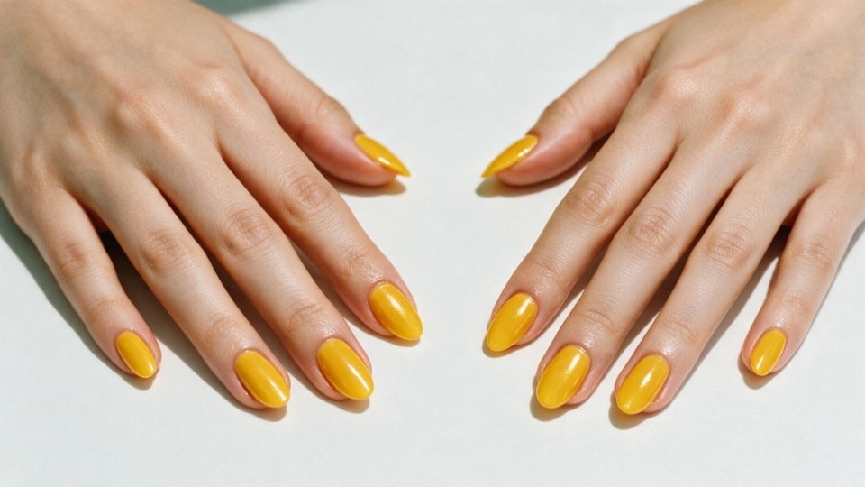 Hands displaying marigold yellow nails with golden undertones