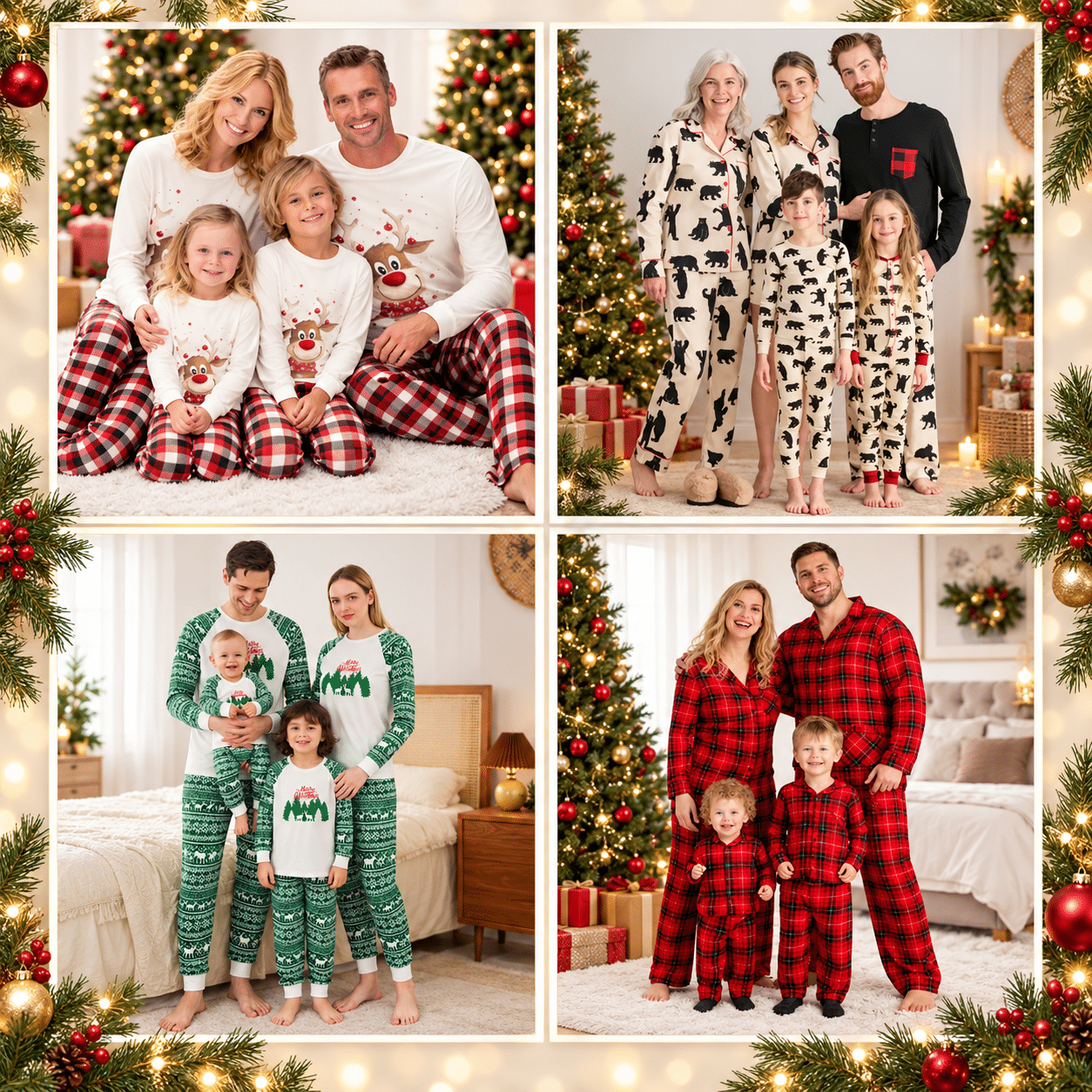 Four families in matching festive pajamas gathered by decorated Christmas trees