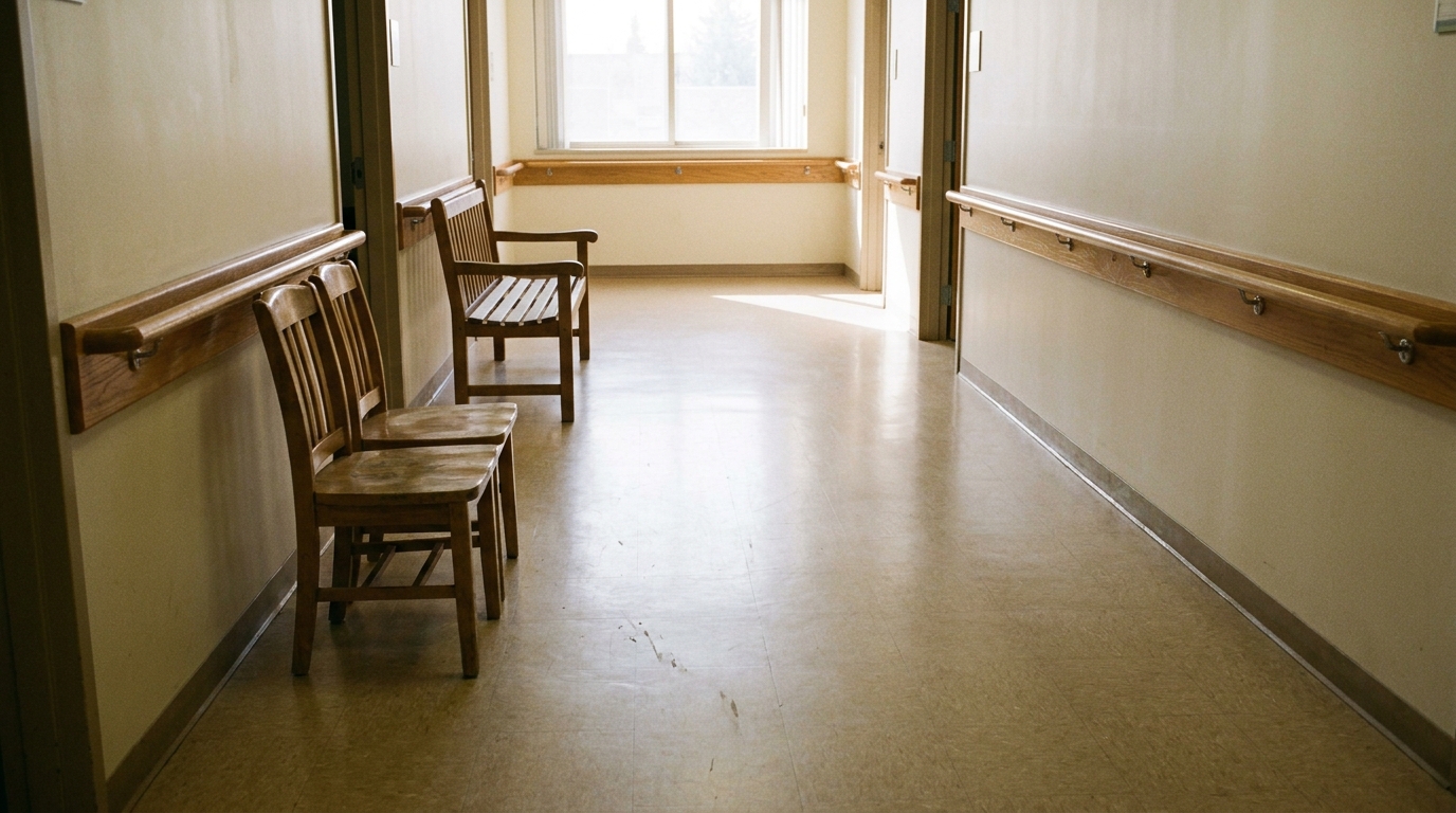 Empty hallway with wooden chairs and a bench under bright natural light
