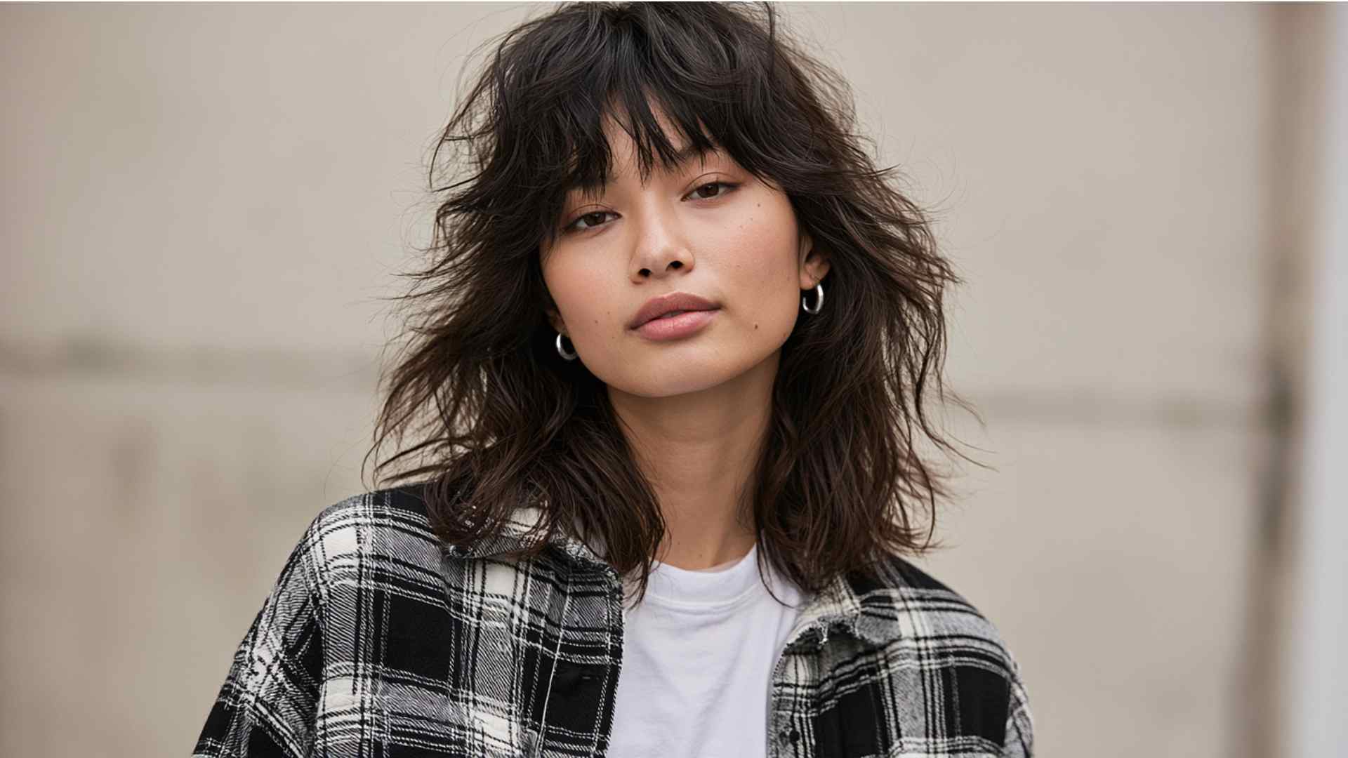 Messy grunge shag haircut with layered crown and loose ends