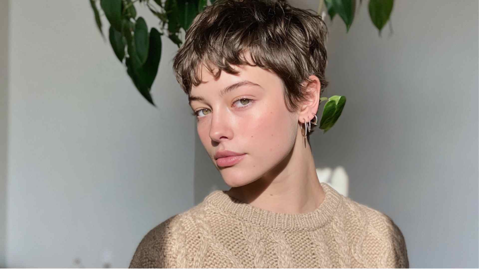 Cropped pixie haircut with short blunt micro bangs and textured layers