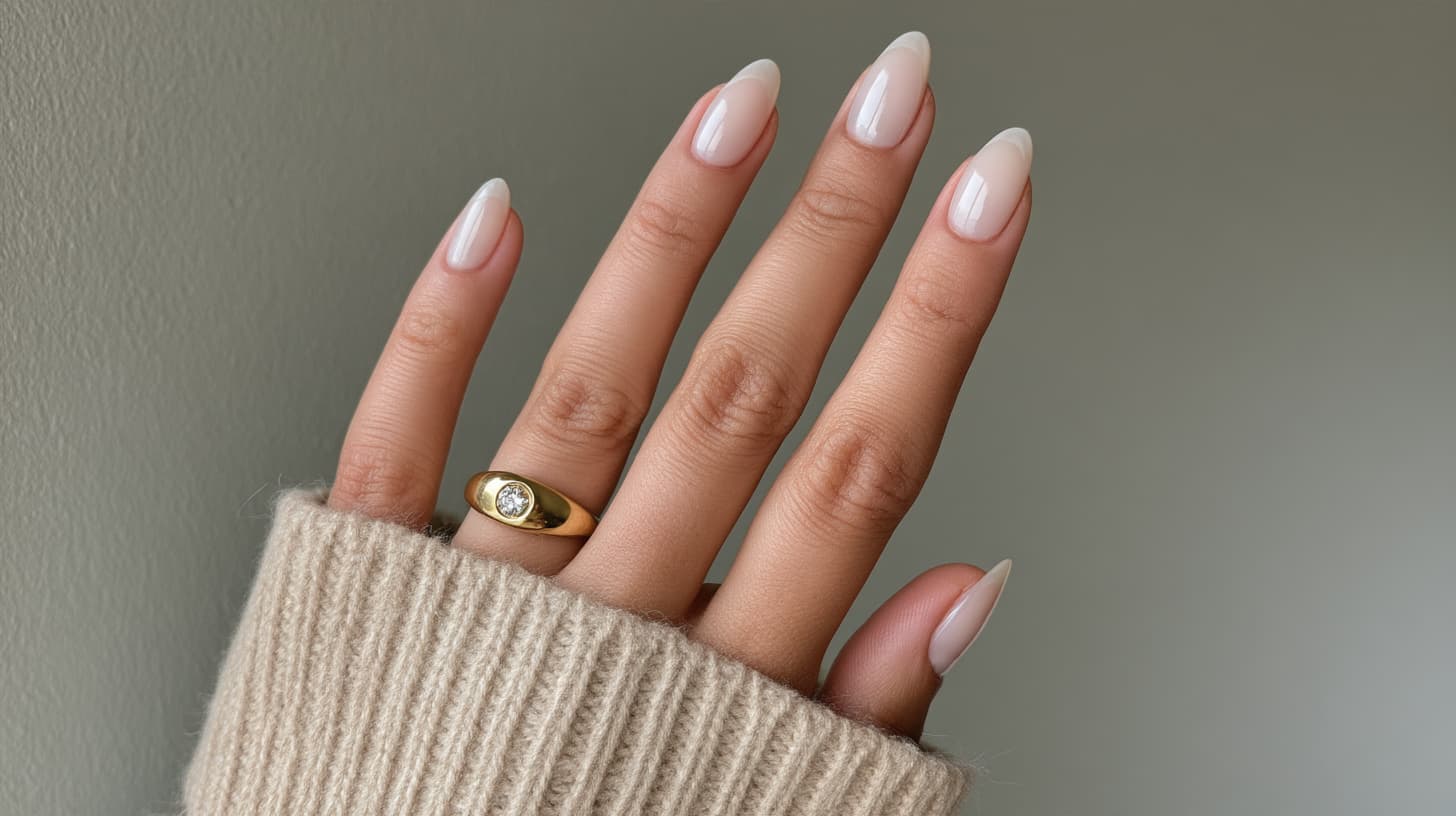 Close-up of a hand showing almond-shaped milky white nails, wearing a gold chunky ring over a beige knit cuff.
