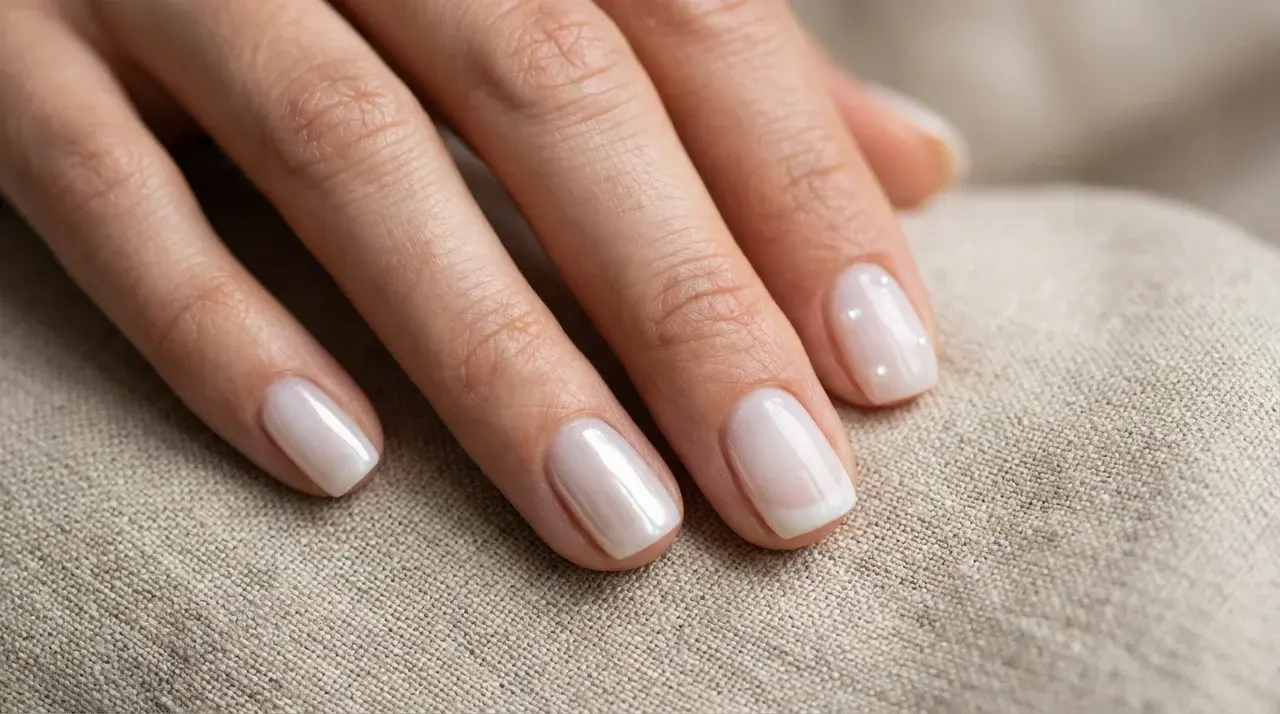 Short milky white nails with a glossy sheer finish on a hand resting over soft textured fabric surface look