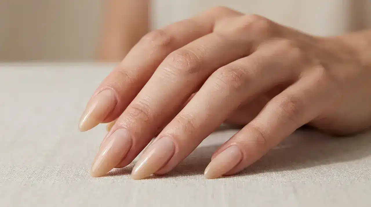 Long almond shaped milky white nails with a sheer glossy finish resting on a neutral fabric surface in soft light