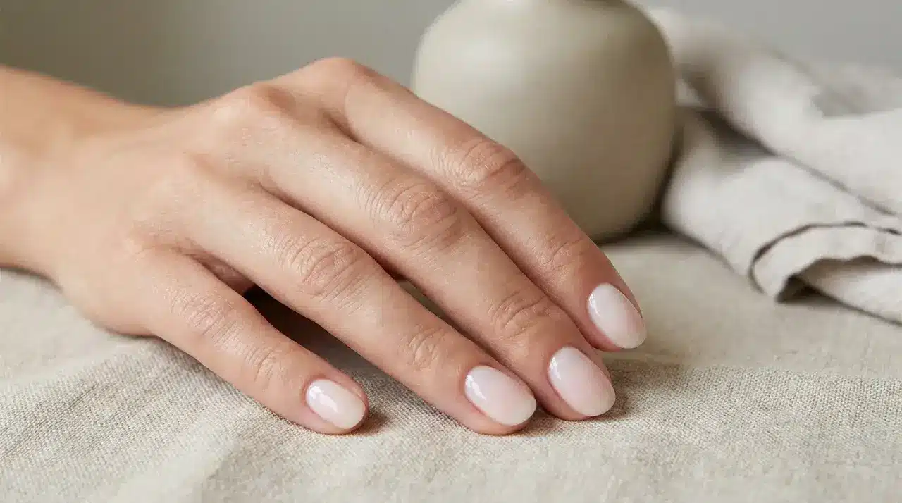 Short oval milky white nails with a glossy sheer finish on a hand resting over a neutral textured fabric surface
