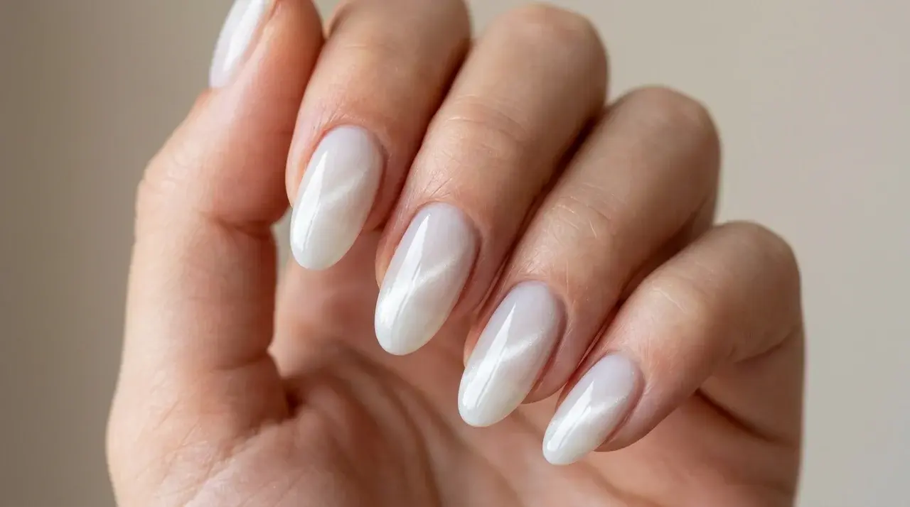 Long almond shaped milky white nails with a glossy pearl finish on a hand in a clean minimalist manicure style