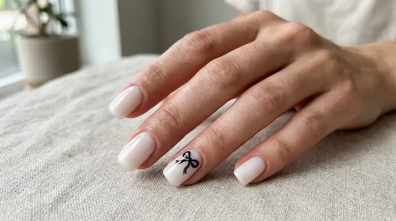 Short square milky white nails with a glossy finish and black bow nail art on one finger over a soft fabric background