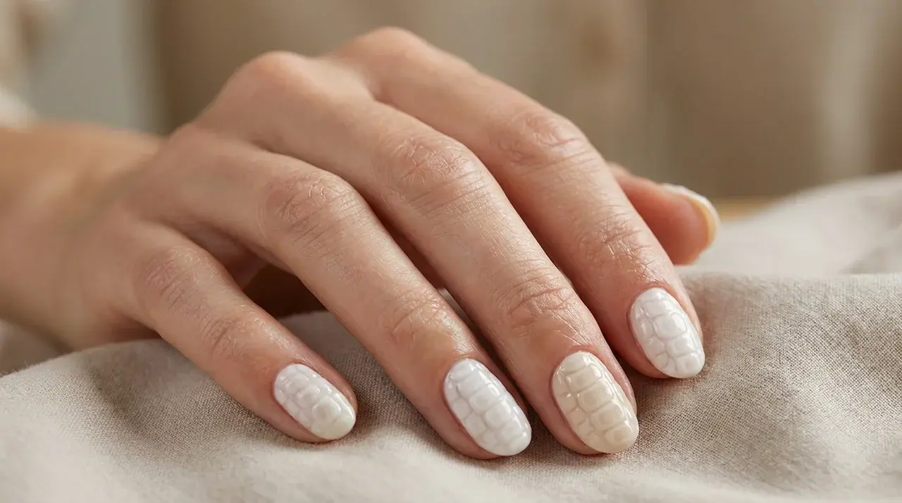 Short square milky white nails with raised textured 3D nail art design on a hand resting over soft fabric background
