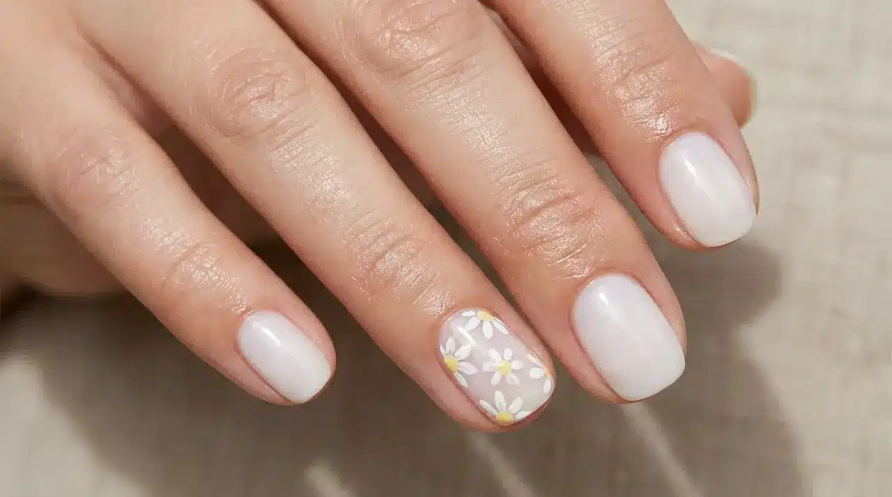Short oval milky white nails with a delicate daisy floral accent on one nail over a soft neutral background