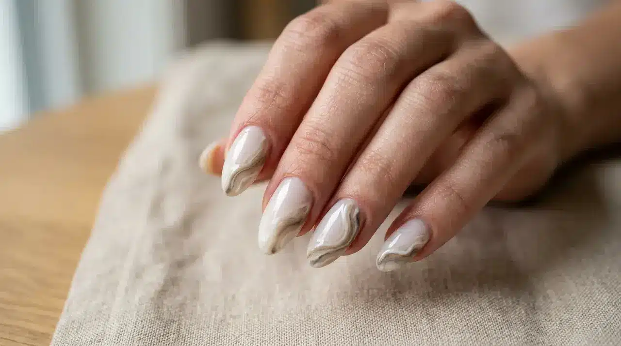 Long almond shaped milky white nails with elegant marble swirl accents on a hand resting over a soft fabric surface