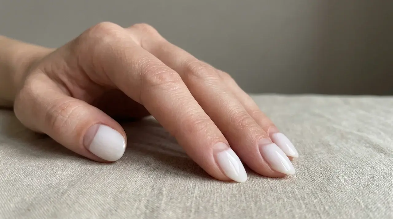 Short almond shaped milky white nails with a glossy minimalist finish on a hand resting over a soft textured fabric surface