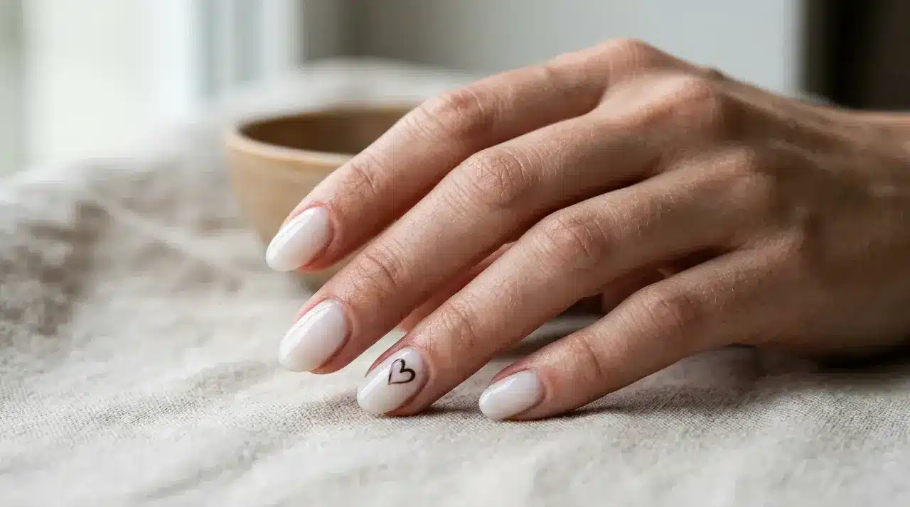 Short oval milky white nails with a delicate black heart accent design on one nail over a soft fabric surface
