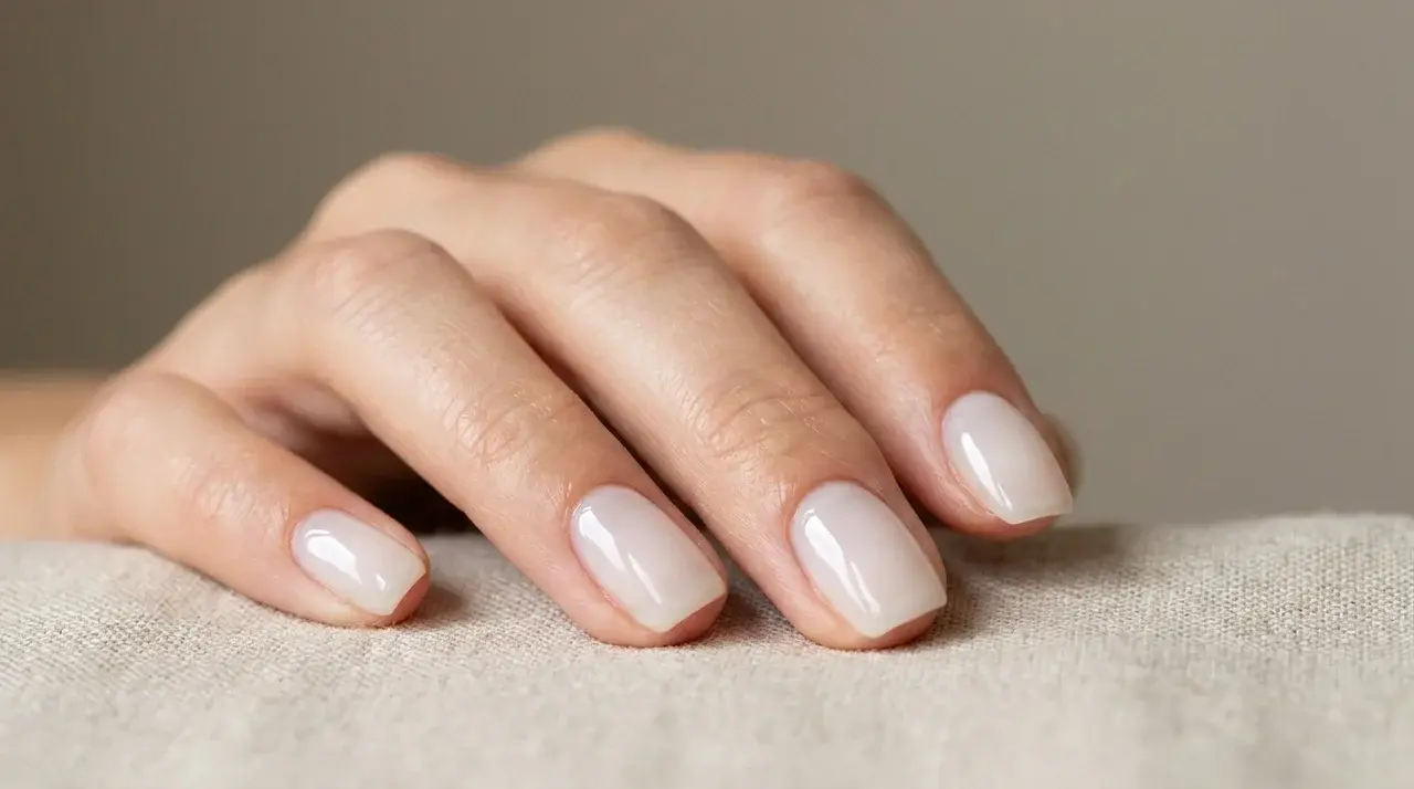 Short square milky white nails with a glossy sheer finish on a hand resting over a soft textured fabric surface