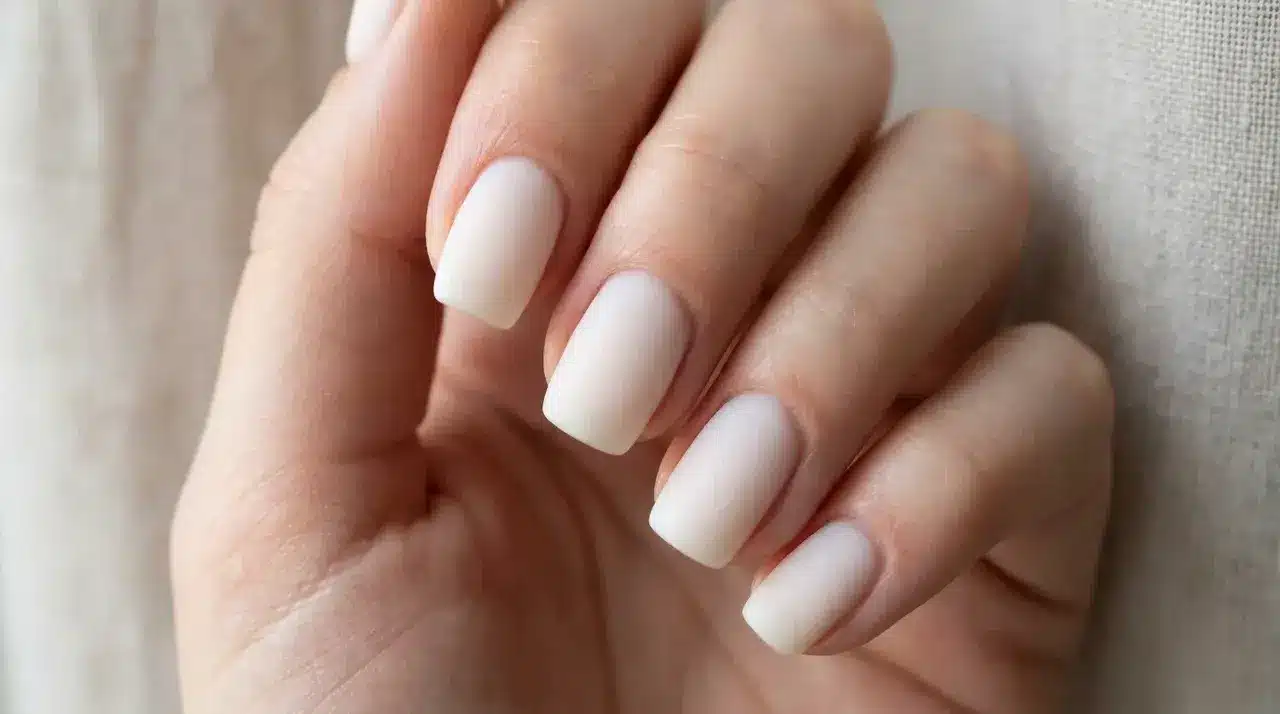 Short squoval milky white nails with a smooth matte finish on a hand against a soft neutral fabric background