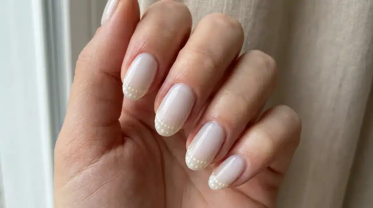 Short oval milky white nails with delicate pearl dot accents along the tips on a hand in natural lighting