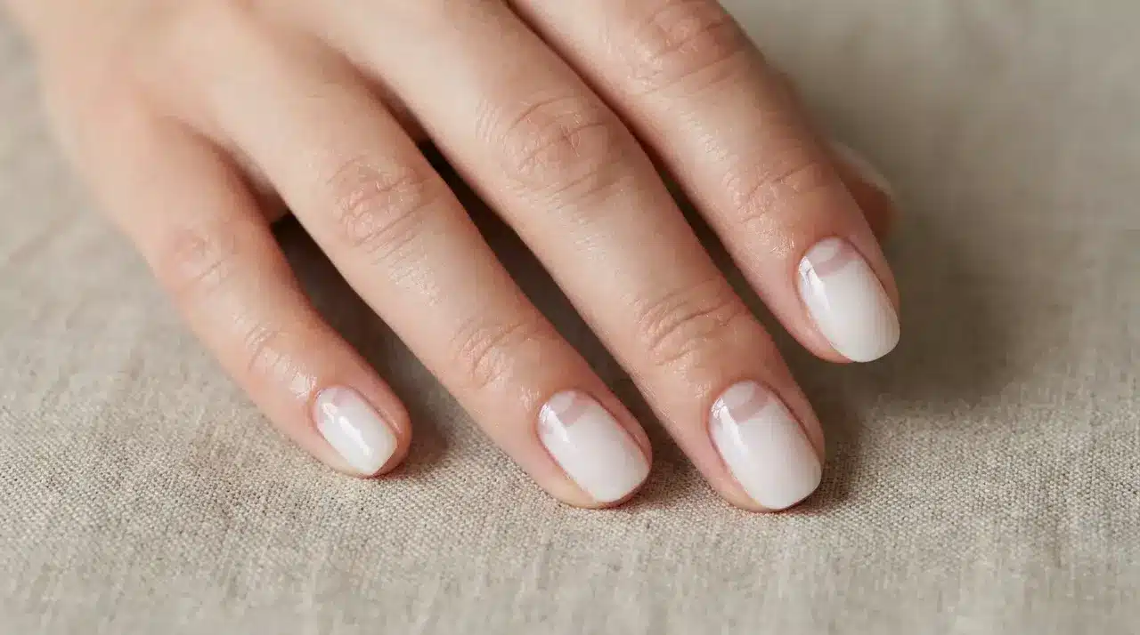 Short oval milky white nails with a glossy sheer finish on a hand resting over a soft neutral fabric surface