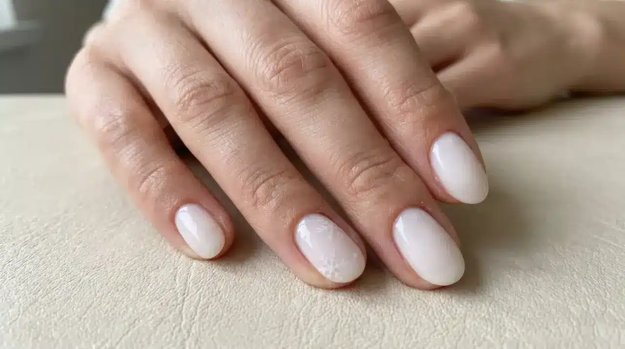 Short oval milky white nails with a delicate white snowflake accent on one nail over a soft neutral surface background