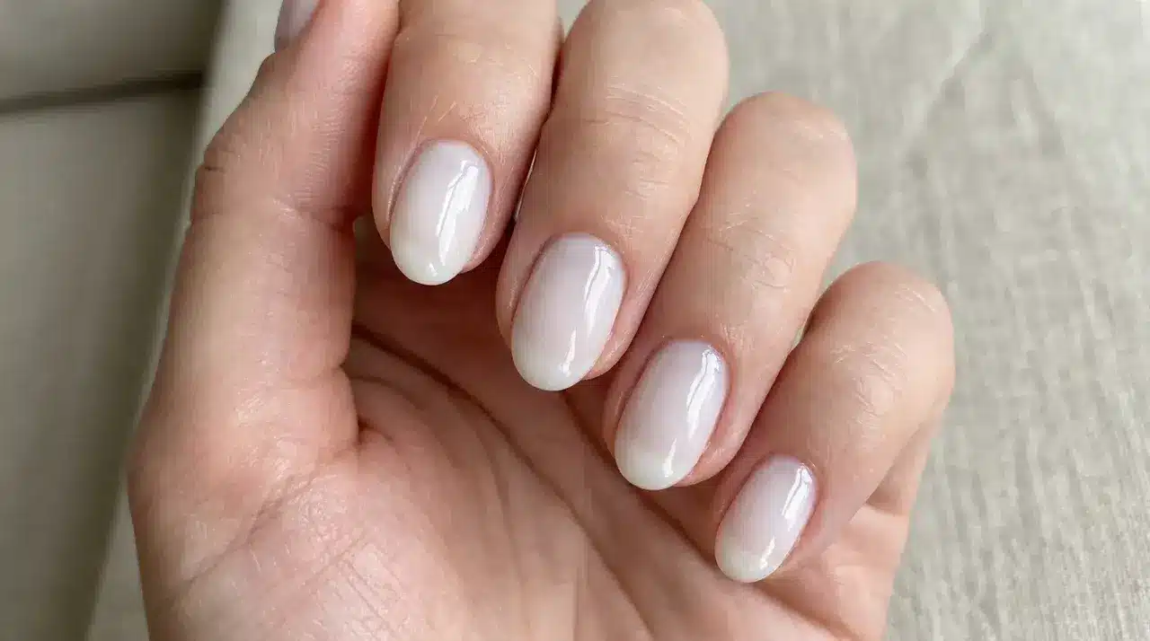 Short oval milky white nails with a glossy sheer finish on a hand showing a clean minimalist manicure style