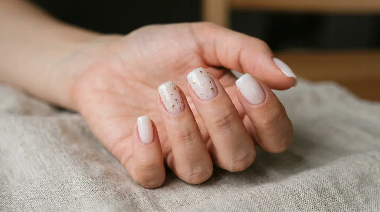 Short square milky white nails with delicate gold star nail art accents on a hand resting over soft textured fabric background