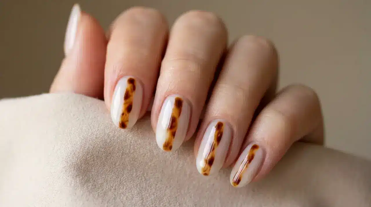 Short oval milky white nails with brown tortoiseshell stripe nail art accents on a hand resting over soft fabric background