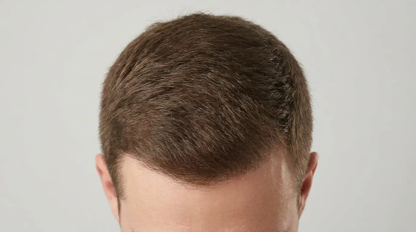 Overhead view of the back of a head showing a normal, full hairline with no recession at the temples