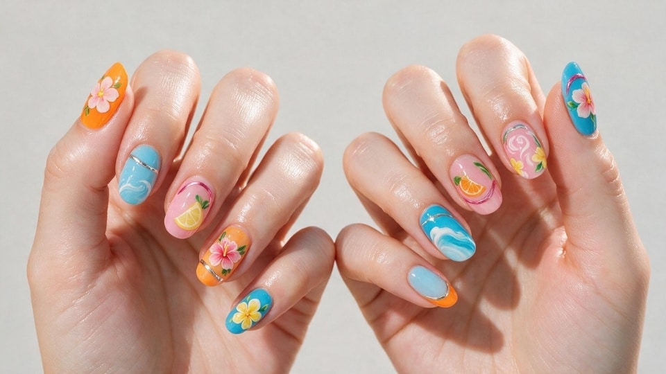 Mismatch vacation nails featuring colorful patterns flowers waves and bright designs across each nail