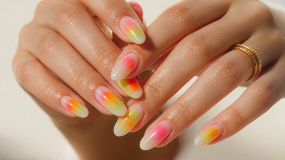 Neon aura nails with glowing pink orange and lime gradients on almond shaped nails with a glossy artistic finish
