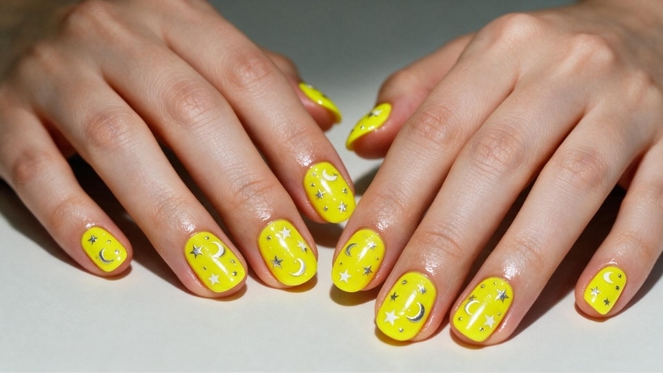 Neon yellow celestial nails with stars moons and silver details on a glossy manicure