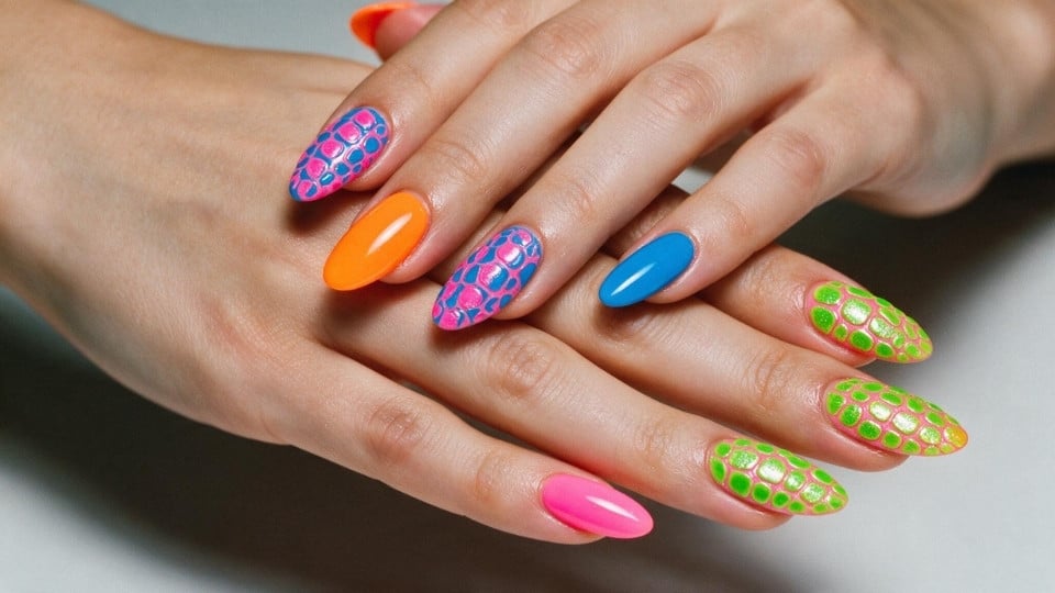 Neon croc print nails featuring textured electric green pink and orange scale patterns with a glossy finish