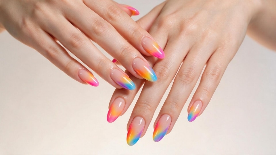 Neon gradient French nails with smooth pink orange blue and purple fades on a glossy almond manicure