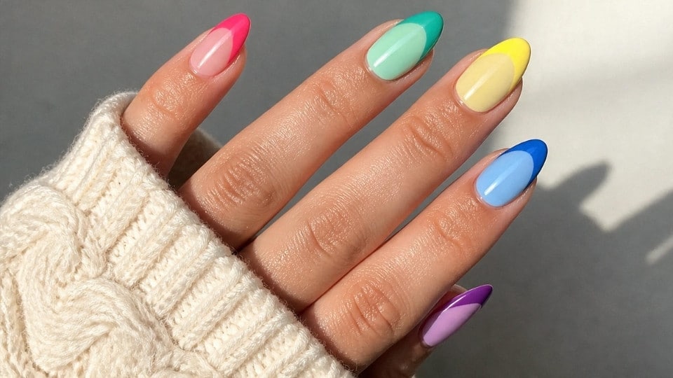 Neon jelly nails with translucent pink orange green and purple shades creating a glossy glass like effect