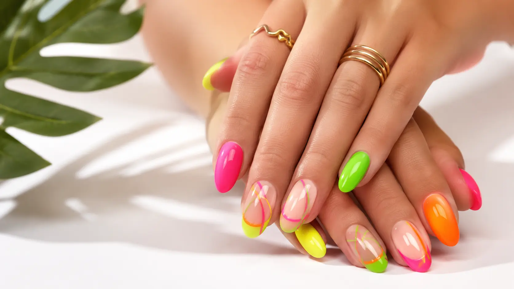 Close-up of glossy neon pink, green, yellow, and orange nails with modern accent designs.