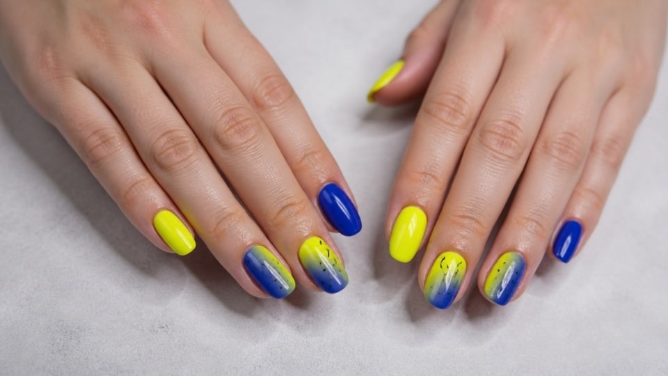 Neon yellow and cobalt blue nails with bold contrast and colorful manicure design