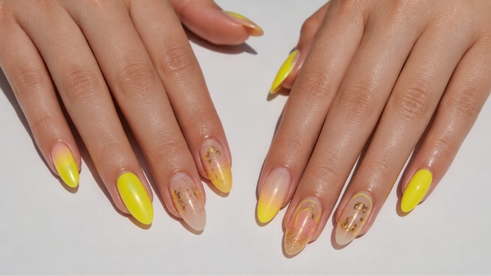 Neon yellow nail inspiration featuring detailed manicures with ombre effects, chrome shine, glitter accents, and nail art